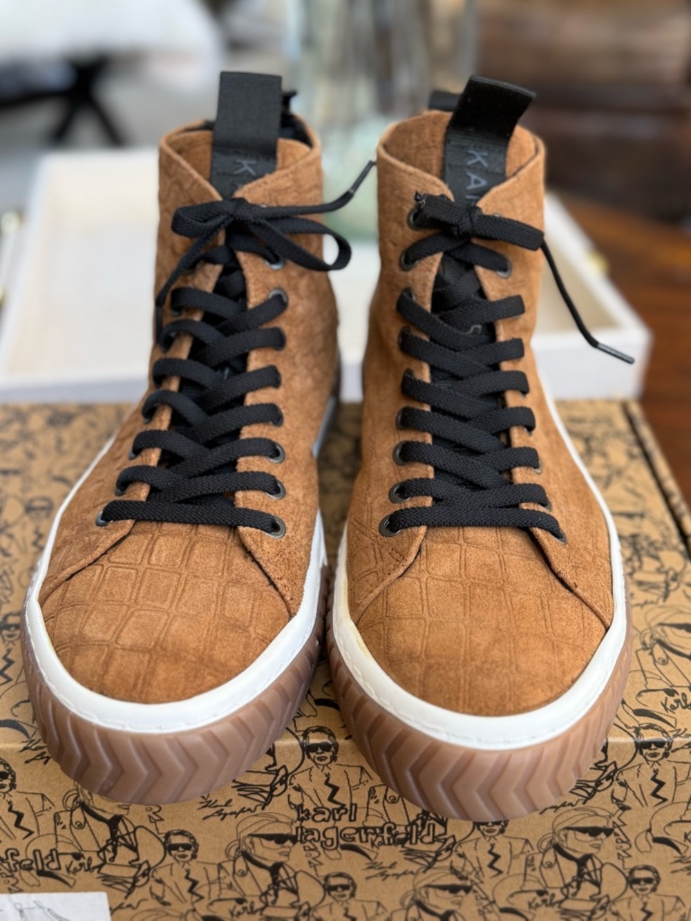 Karl Lagerfeld Paris Brown Suede Quilted High-Top Sneakers with Black Laces